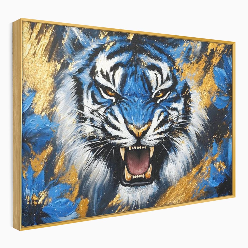 Tablou Canvas Premium, LuxCanva® M1451, Flacara Albastra, Tigru, Felina, Salbaticie, Colti, Dungi, Fioros, Furie, Azur, Auriu, Strigat, Pictura, Abstract, Birou, Living, Camera Copil