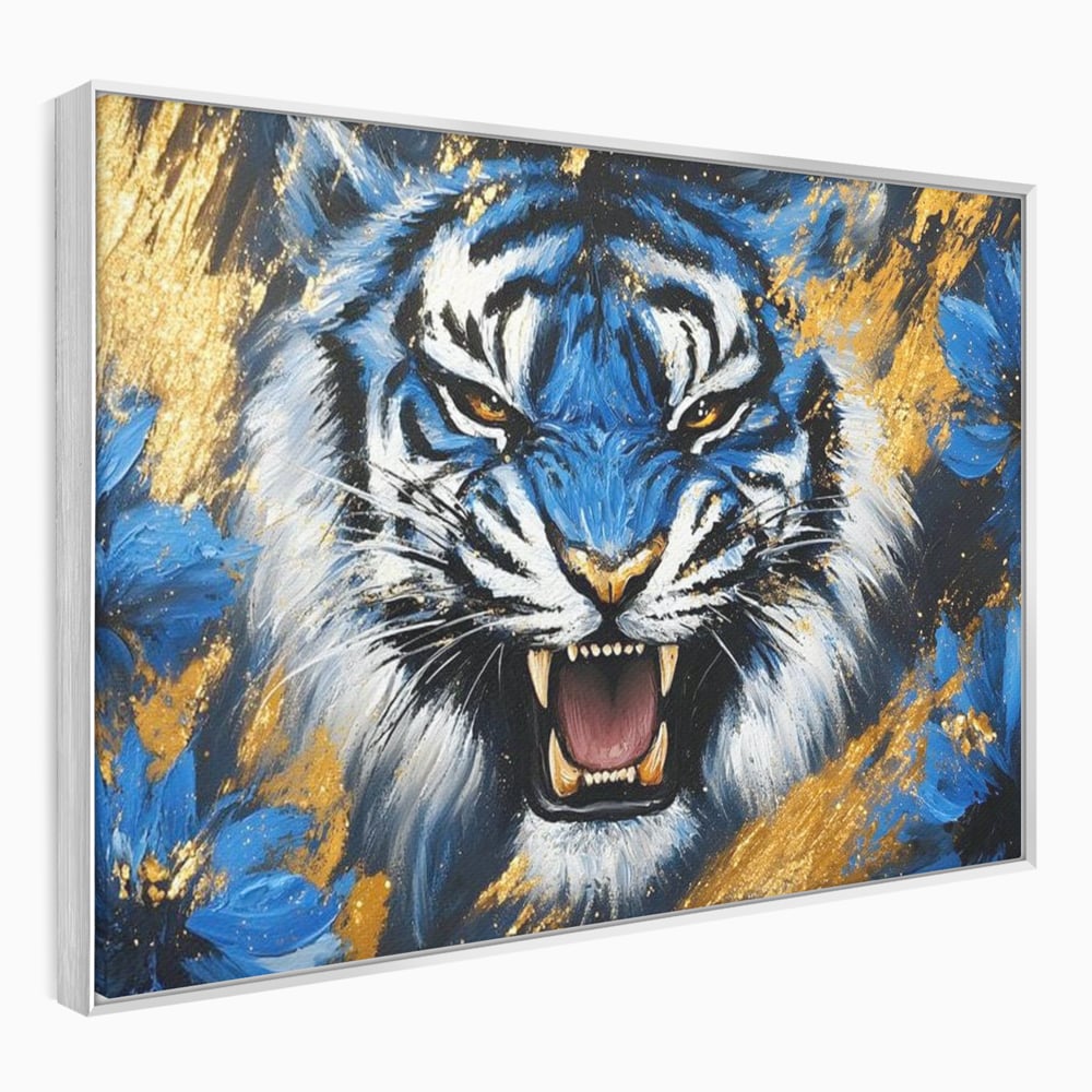 Tablou Canvas Premium, LuxCanva® M1451, Flacara Albastra, Tigru, Felina, Salbaticie, Colti, Dungi, Fioros, Furie, Azur, Auriu, Strigat, Pictura, Abstract, Birou, Living, Camera Copil