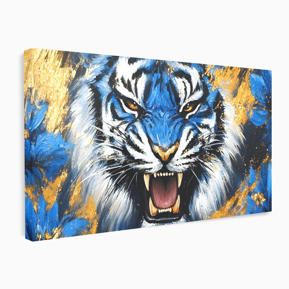 Tablou Canvas Premium, LuxCanva® M1451, Flacara Albastra, Tigru, Felina, Salbaticie, Colti, Dungi, Fioros, Furie, Azur, Auriu, Strigat, Pictura, Abstract, Birou, Living, Camera Copil