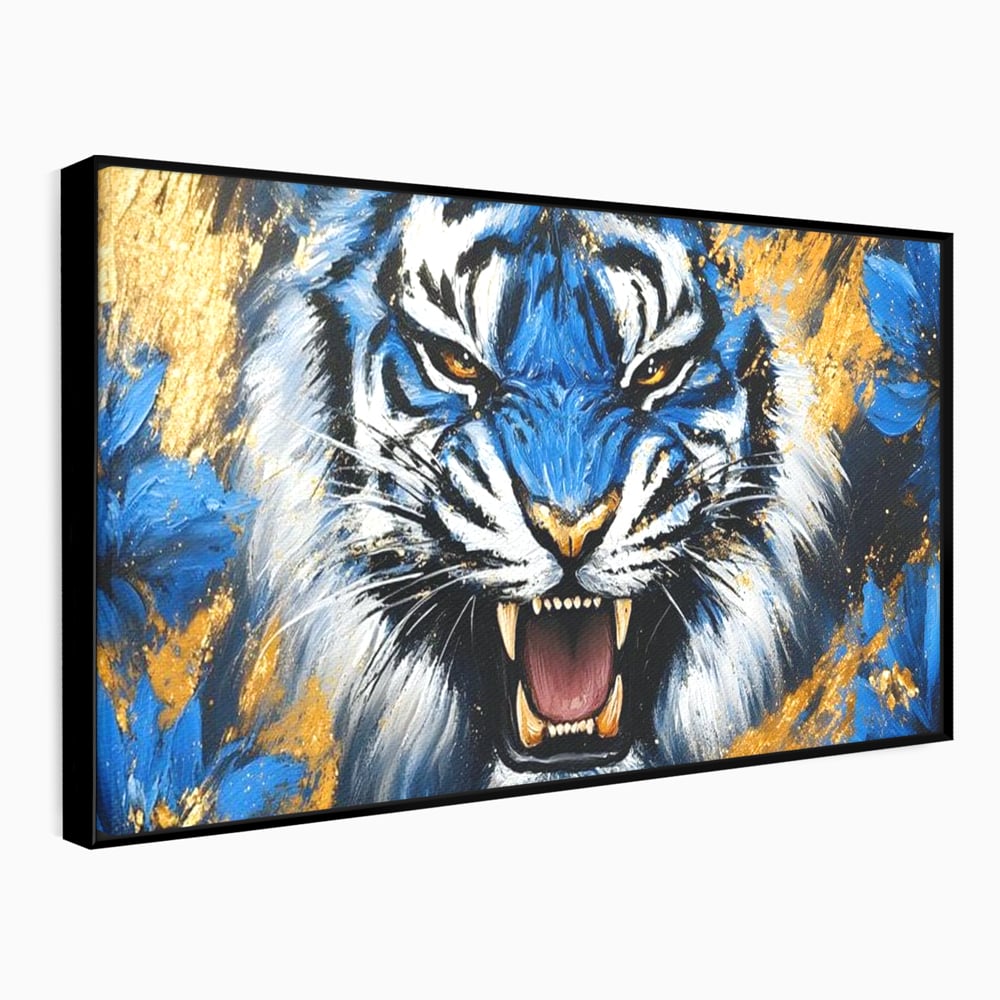 Tablou Canvas Premium, LuxCanva® M1451, Flacara Albastra, Tigru, Felina, Salbaticie, Colti, Dungi, Fioros, Furie, Azur, Auriu, Strigat, Pictura, Abstract, Birou, Living, Camera Copil