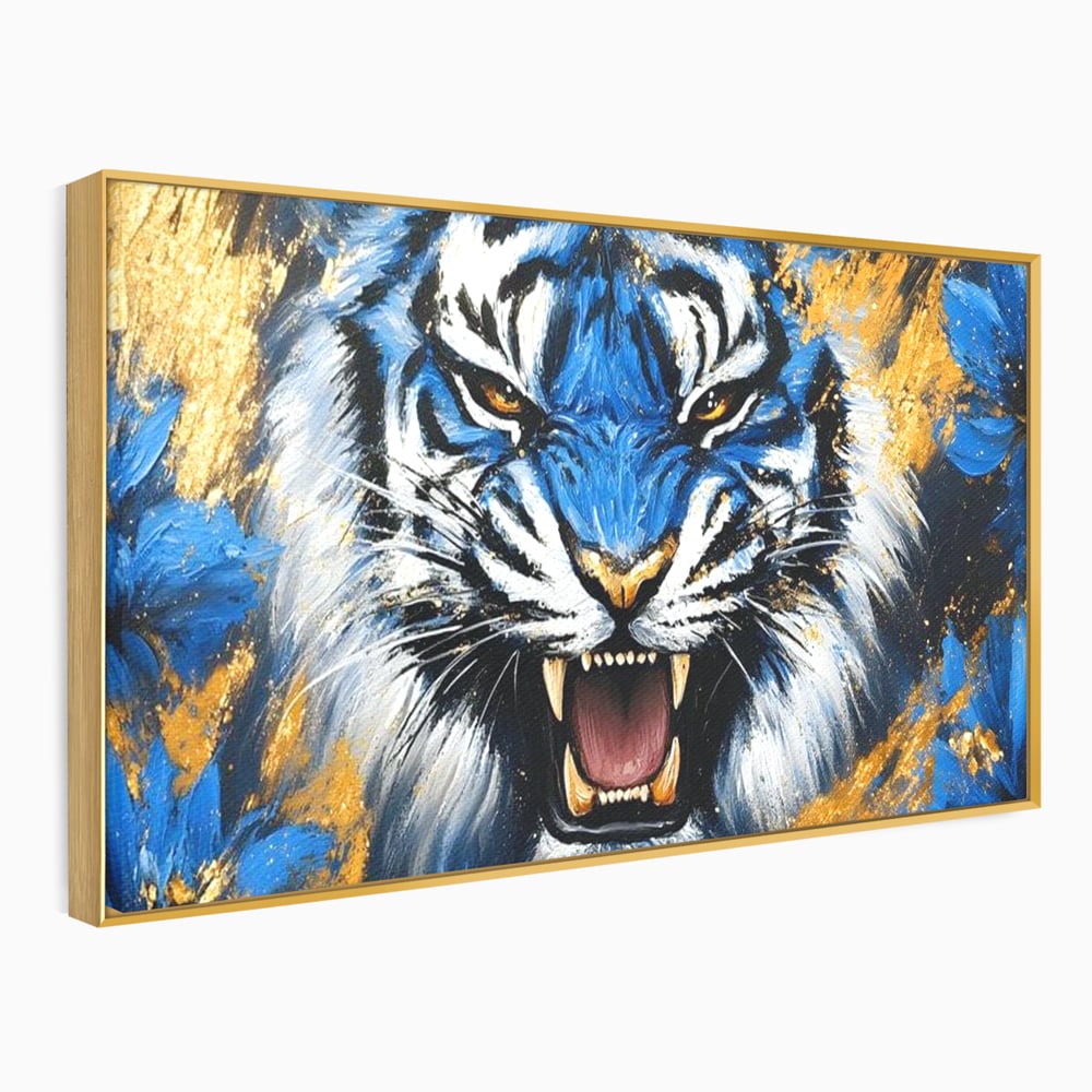 Tablou Canvas Premium, LuxCanva® M1451, Flacara Albastra, Tigru, Felina, Salbaticie, Colti, Dungi, Fioros, Furie, Azur, Auriu, Strigat, Pictura, Abstract, Birou, Living, Camera Copil