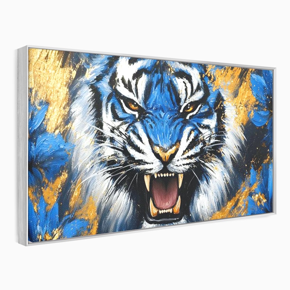 Tablou Canvas Premium, LuxCanva® M1451, Flacara Albastra, Tigru, Felina, Salbaticie, Colti, Dungi, Fioros, Furie, Azur, Auriu, Strigat, Pictura, Abstract, Birou, Living, Camera Copil