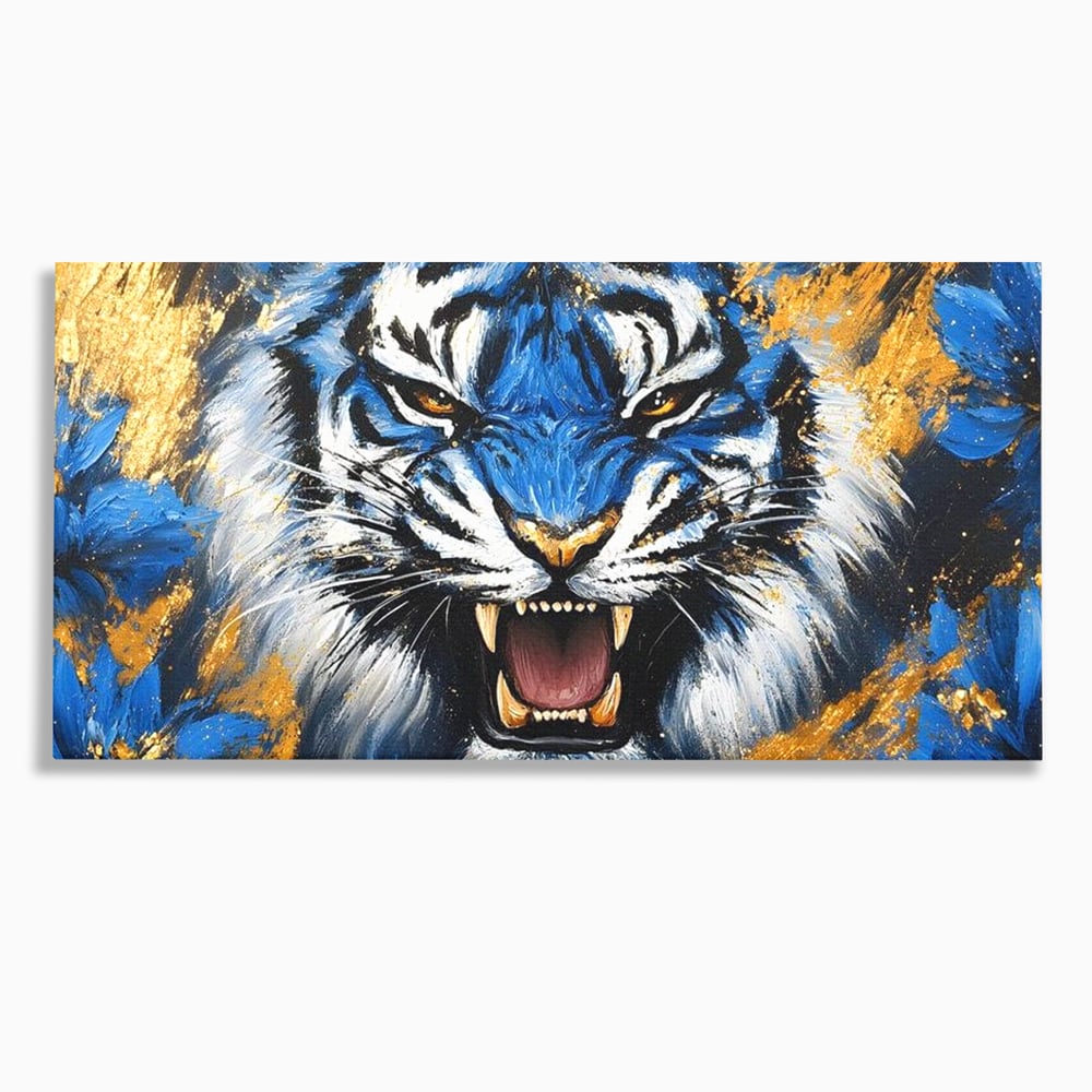 Tablou Canvas Premium, LuxCanva® M1451, Flacara Albastra, Tigru, Felina, Salbaticie, Colti, Dungi, Fioros, Furie, Azur, Auriu, Strigat, Pictura, Abstract, Birou, Living, Camera Copil