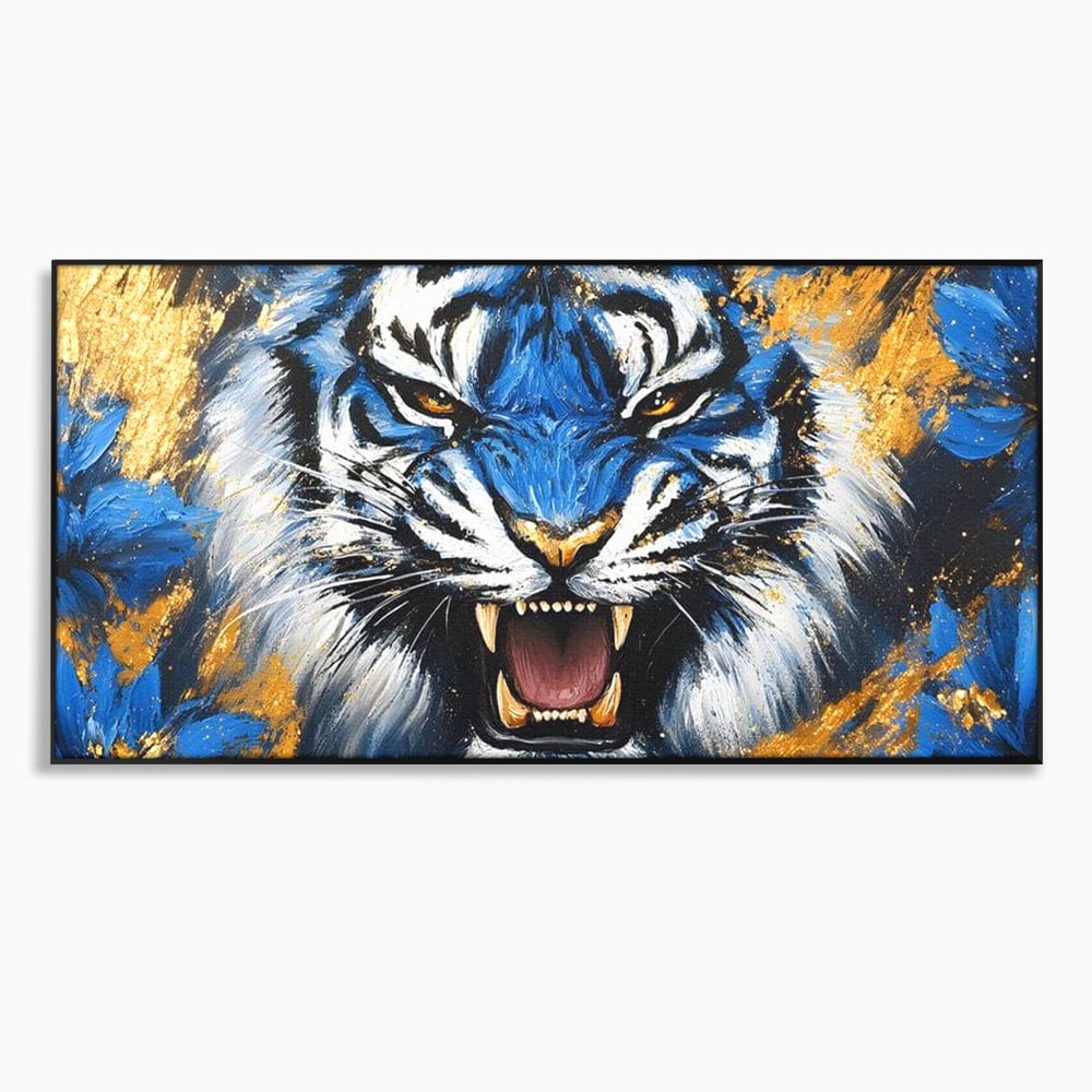 Tablou Canvas Premium, LuxCanva® M1451, Flacara Albastra, Tigru, Felina, Salbaticie, Colti, Dungi, Fioros, Furie, Azur, Auriu, Strigat, Pictura, Abstract, Birou, Living, Camera Copil