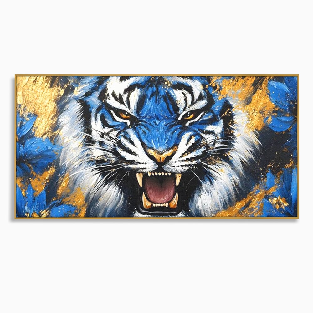 Tablou Canvas Premium, LuxCanva® M1451, Flacara Albastra, Tigru, Felina, Salbaticie, Colti, Dungi, Fioros, Furie, Azur, Auriu, Strigat, Pictura, Abstract, Birou, Living, Camera Copil