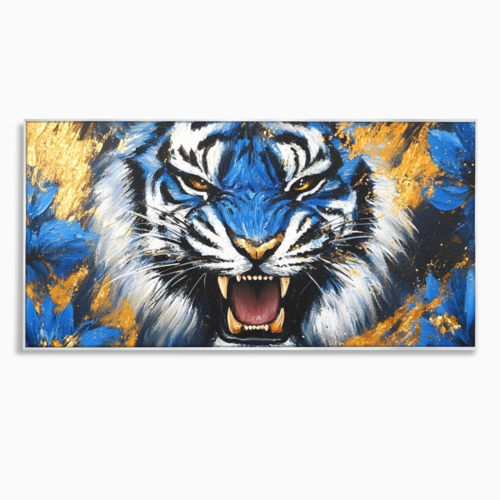 Tablou Canvas Premium, LuxCanva® M1451, Flacara Albastra, Tigru, Felina, Salbaticie, Colti, Dungi, Fioros, Furie, Azur, Auriu, Strigat, Pictura, Abstract, Birou, Living, Camera Copil