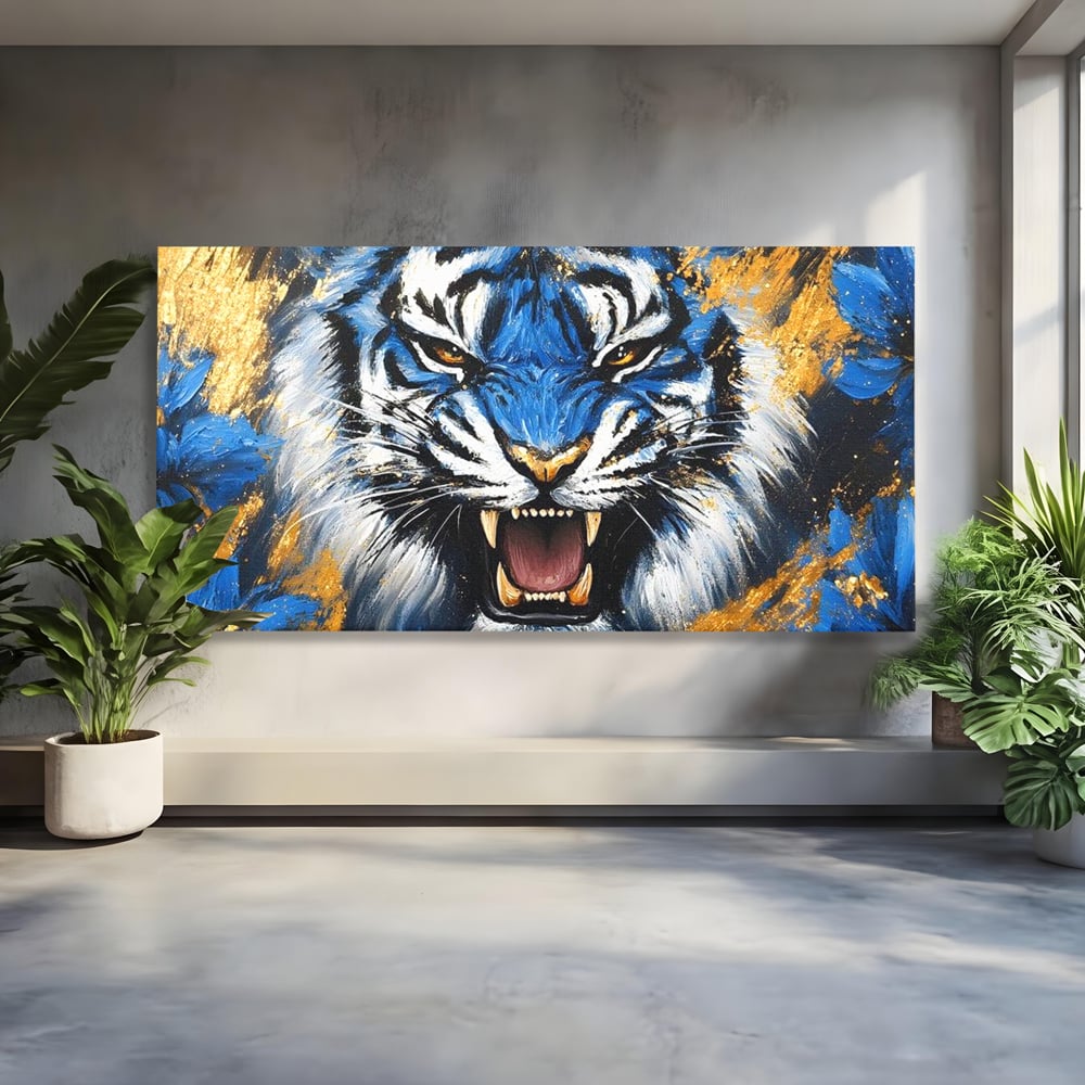 Tablou Canvas Premium, LuxCanva® M1451, Flacara Albastra, Tigru, Felina, Salbaticie, Colti, Dungi, Fioros, Furie, Azur, Auriu, Strigat, Pictura, Abstract, Birou, Living, Camera Copil