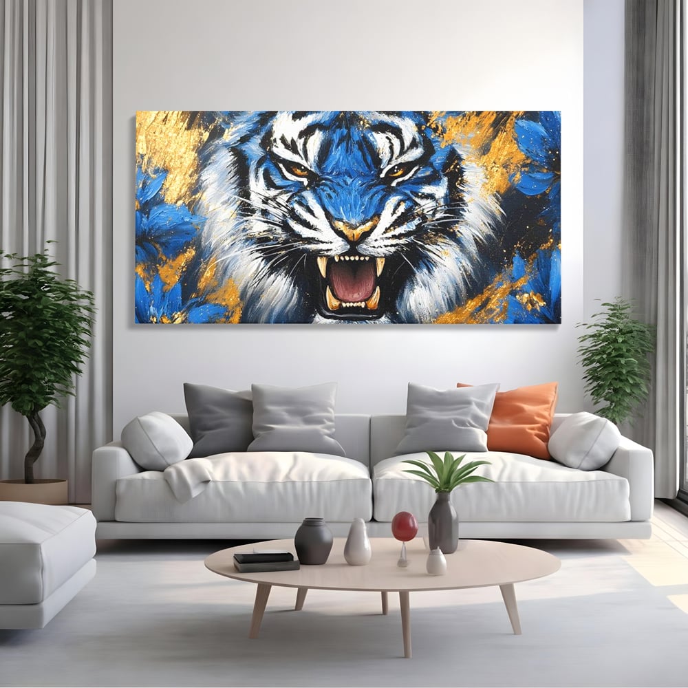 Tablou Canvas Premium, LuxCanva® M1451, Flacara Albastra, Tigru, Felina, Salbaticie, Colti, Dungi, Fioros, Furie, Azur, Auriu, Strigat, Pictura, Abstract, Birou, Living, Camera Copil