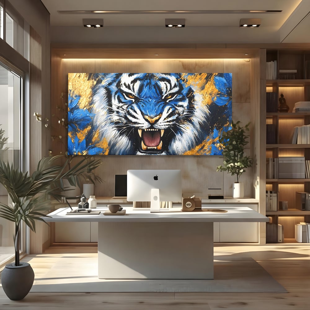 Tablou Canvas Premium, LuxCanva® M1451, Flacara Albastra, Tigru, Felina, Salbaticie, Colti, Dungi, Fioros, Furie, Azur, Auriu, Strigat, Pictura, Abstract, Birou, Living, Camera Copil