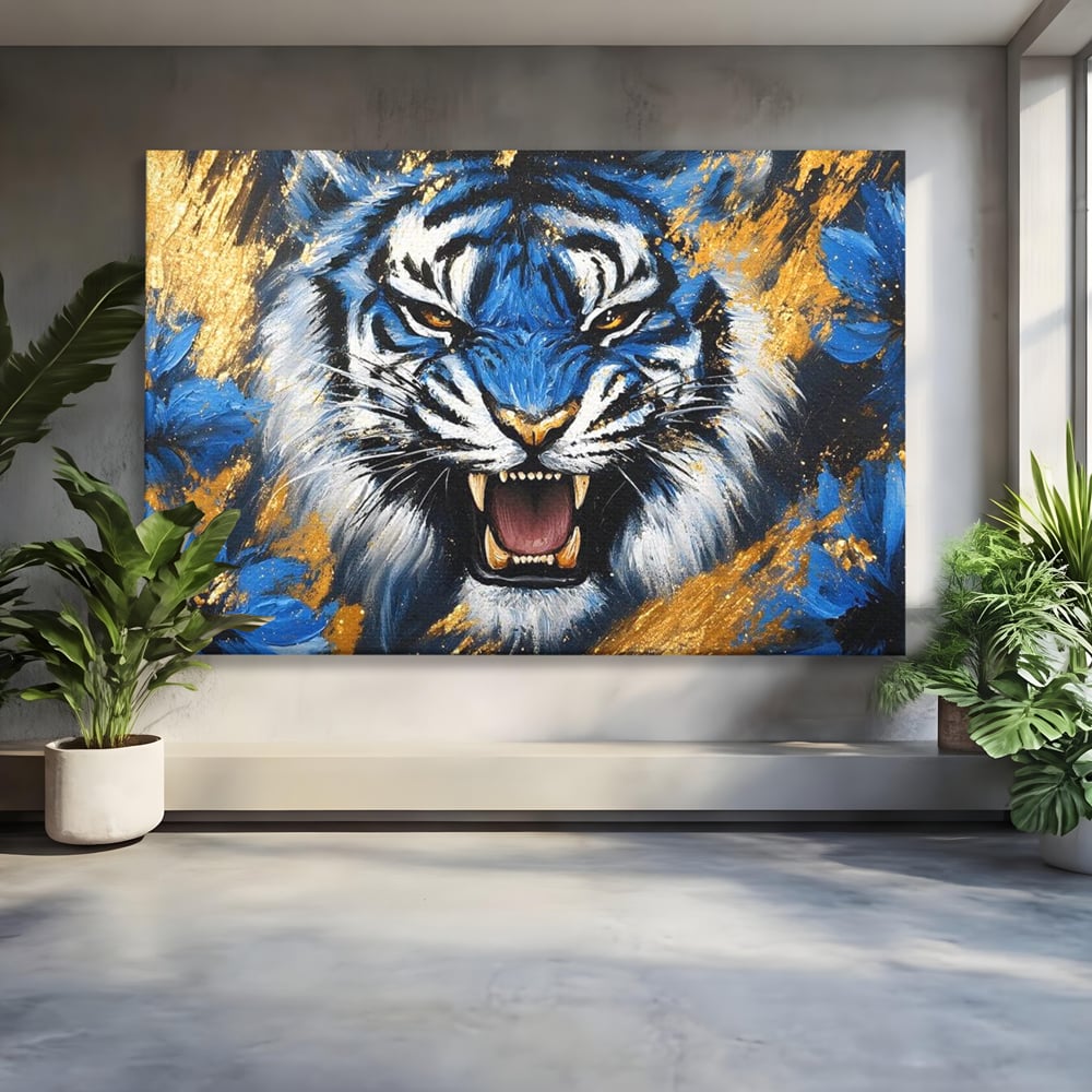 Tablou Canvas Premium, LuxCanva® M1451, Flacara Albastra, Tigru, Felina, Salbaticie, Colti, Dungi, Fioros, Furie, Azur, Auriu, Strigat, Pictura, Abstract, Birou, Living, Camera Copil
