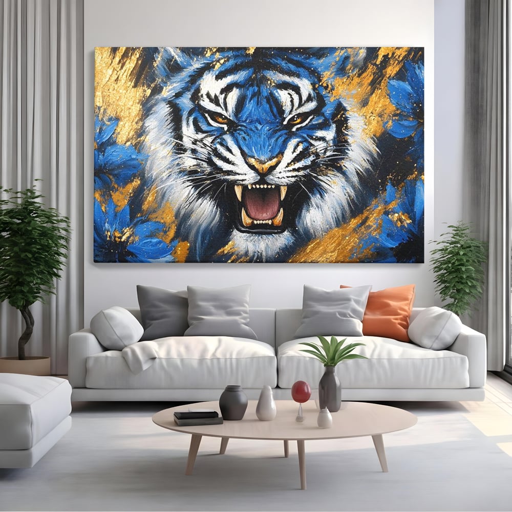 Tablou Canvas Premium, LuxCanva® M1451, Flacara Albastra, Tigru, Felina, Salbaticie, Colti, Dungi, Fioros, Furie, Azur, Auriu, Strigat, Pictura, Abstract, Birou, Living, Camera Copil