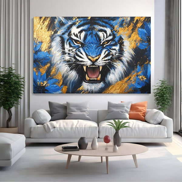 Tablou Canvas Premium, LuxCanva® M1451, Flacara Albastra, Tigru, Felina, Salbaticie, Colti, Dungi, Fioros, Furie, Azur, Auriu, Strigat, Pictura, Abstract, Birou, Living, Camera Copil