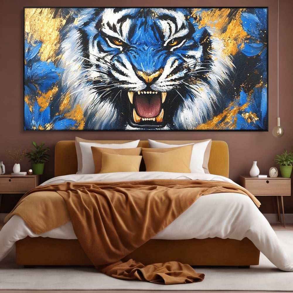 Tablou Canvas Premium, LuxCanva® M1451, Flacara Albastra, Tigru, Felina, Salbaticie, Colti, Dungi, Fioros, Furie, Azur, Auriu, Strigat, Pictura, Abstract, Birou, Living, Camera Copil