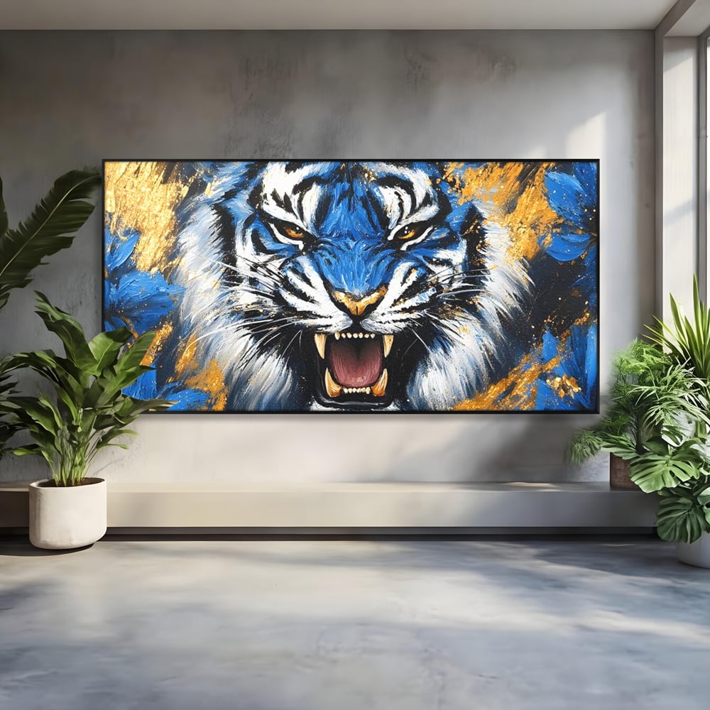 Tablou Canvas Premium, LuxCanva® M1451, Flacara Albastra, Tigru, Felina, Salbaticie, Colti, Dungi, Fioros, Furie, Azur, Auriu, Strigat, Pictura, Abstract, Birou, Living, Camera Copil