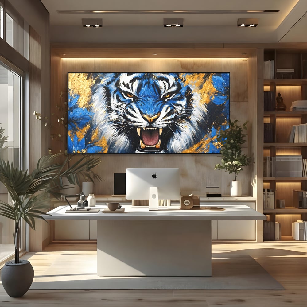 Tablou Canvas Premium, LuxCanva® M1451, Flacara Albastra, Tigru, Felina, Salbaticie, Colti, Dungi, Fioros, Furie, Azur, Auriu, Strigat, Pictura, Abstract, Birou, Living, Camera Copil