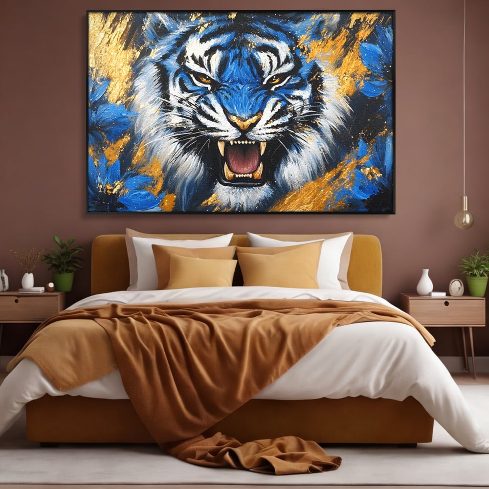 Tablou Canvas Premium, LuxCanva® M1451, Flacara Albastra, Tigru, Felina, Salbaticie, Colti, Dungi, Fioros, Furie, Azur, Auriu, Strigat, Pictura, Abstract, Birou, Living, Camera Copil