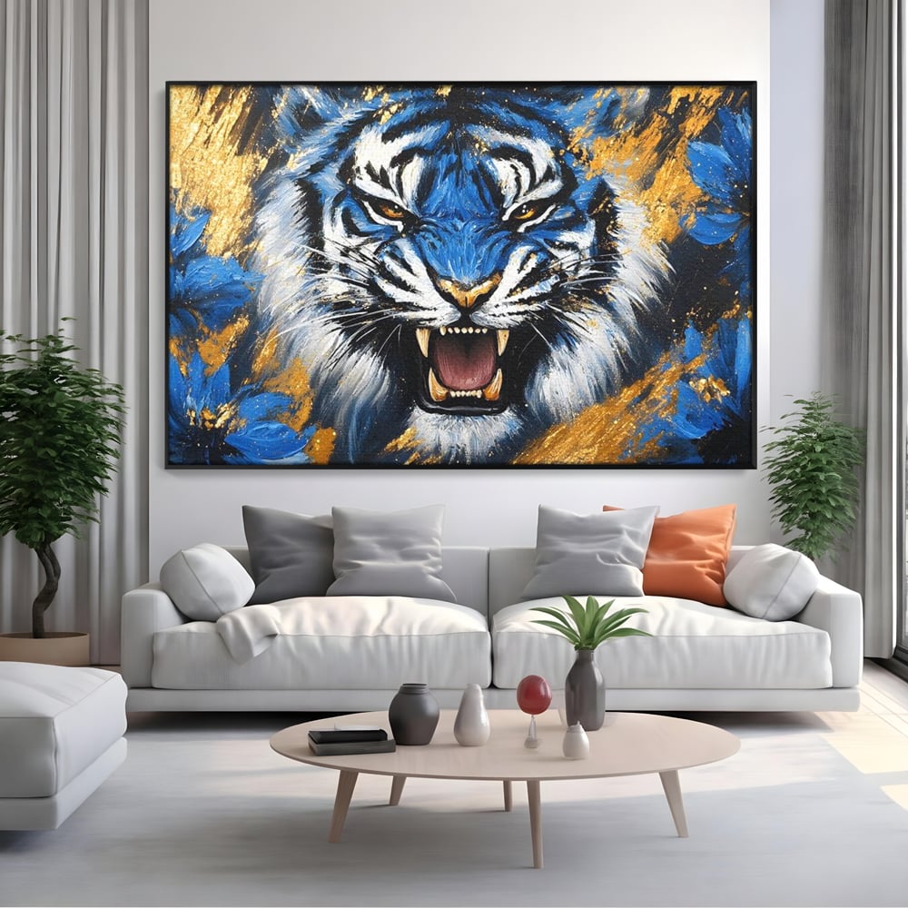 Tablou Canvas Premium, LuxCanva® M1451, Flacara Albastra, Tigru, Felina, Salbaticie, Colti, Dungi, Fioros, Furie, Azur, Auriu, Strigat, Pictura, Abstract, Birou, Living, Camera Copil
