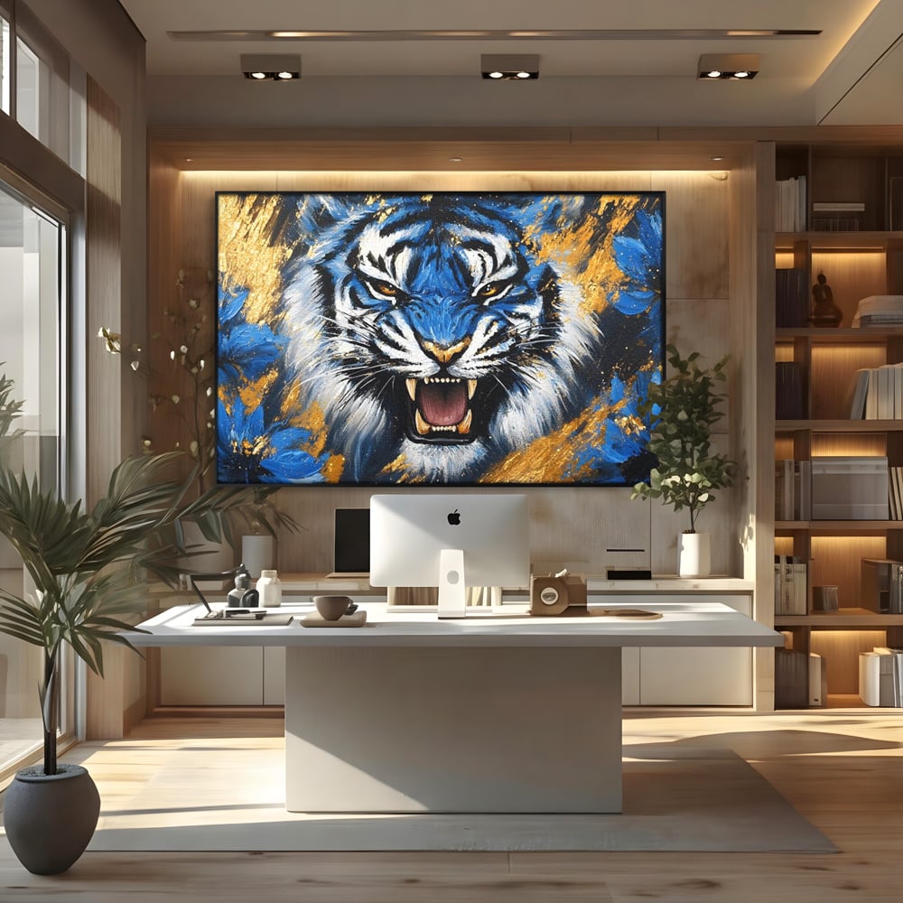 Tablou Canvas Premium, LuxCanva® M1451, Flacara Albastra, Tigru, Felina, Salbaticie, Colti, Dungi, Fioros, Furie, Azur, Auriu, Strigat, Pictura, Abstract, Birou, Living, Camera Copil