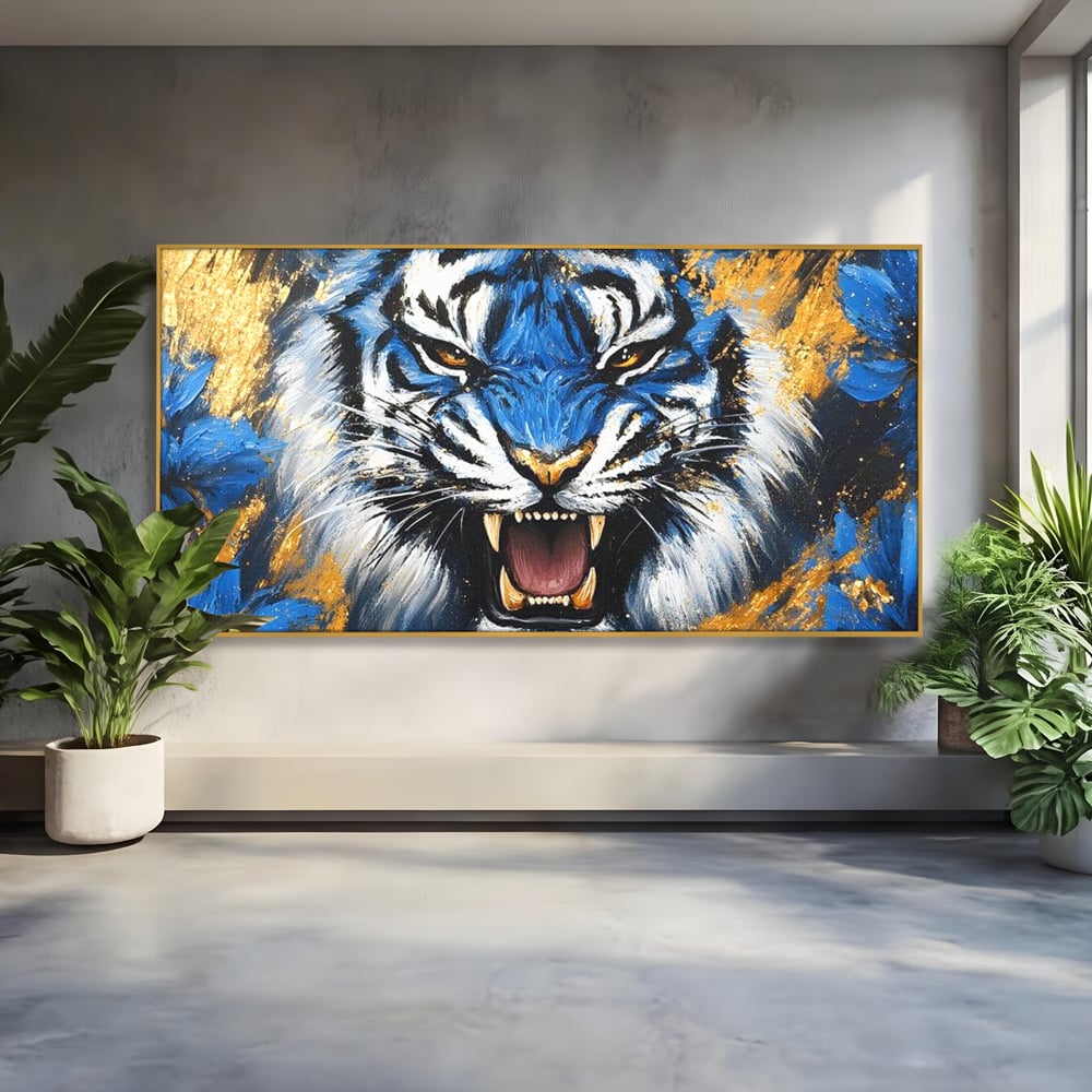 Tablou Canvas Premium, LuxCanva® M1451, Flacara Albastra, Tigru, Felina, Salbaticie, Colti, Dungi, Fioros, Furie, Azur, Auriu, Strigat, Pictura, Abstract, Birou, Living, Camera Copil