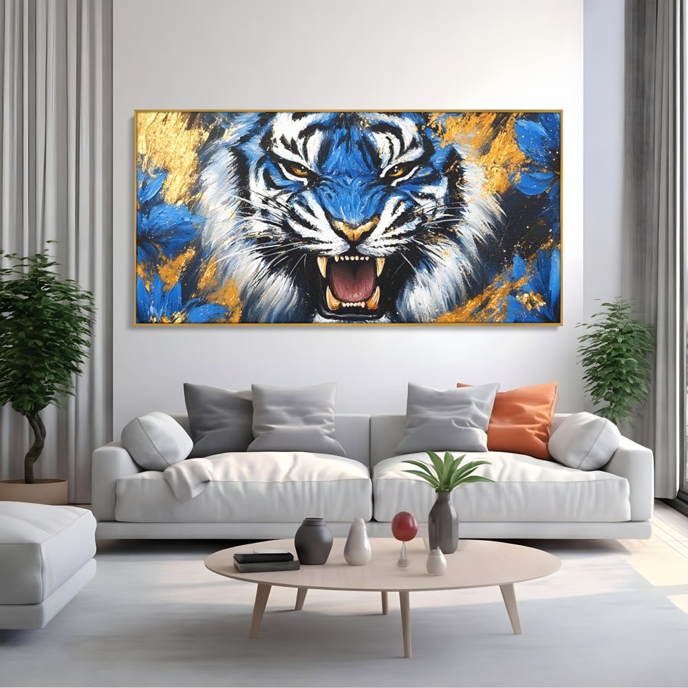 Tablou Canvas Premium, LuxCanva® M1451, Flacara Albastra, Tigru, Felina, Salbaticie, Colti, Dungi, Fioros, Furie, Azur, Auriu, Strigat, Pictura, Abstract, Birou, Living, Camera Copil
