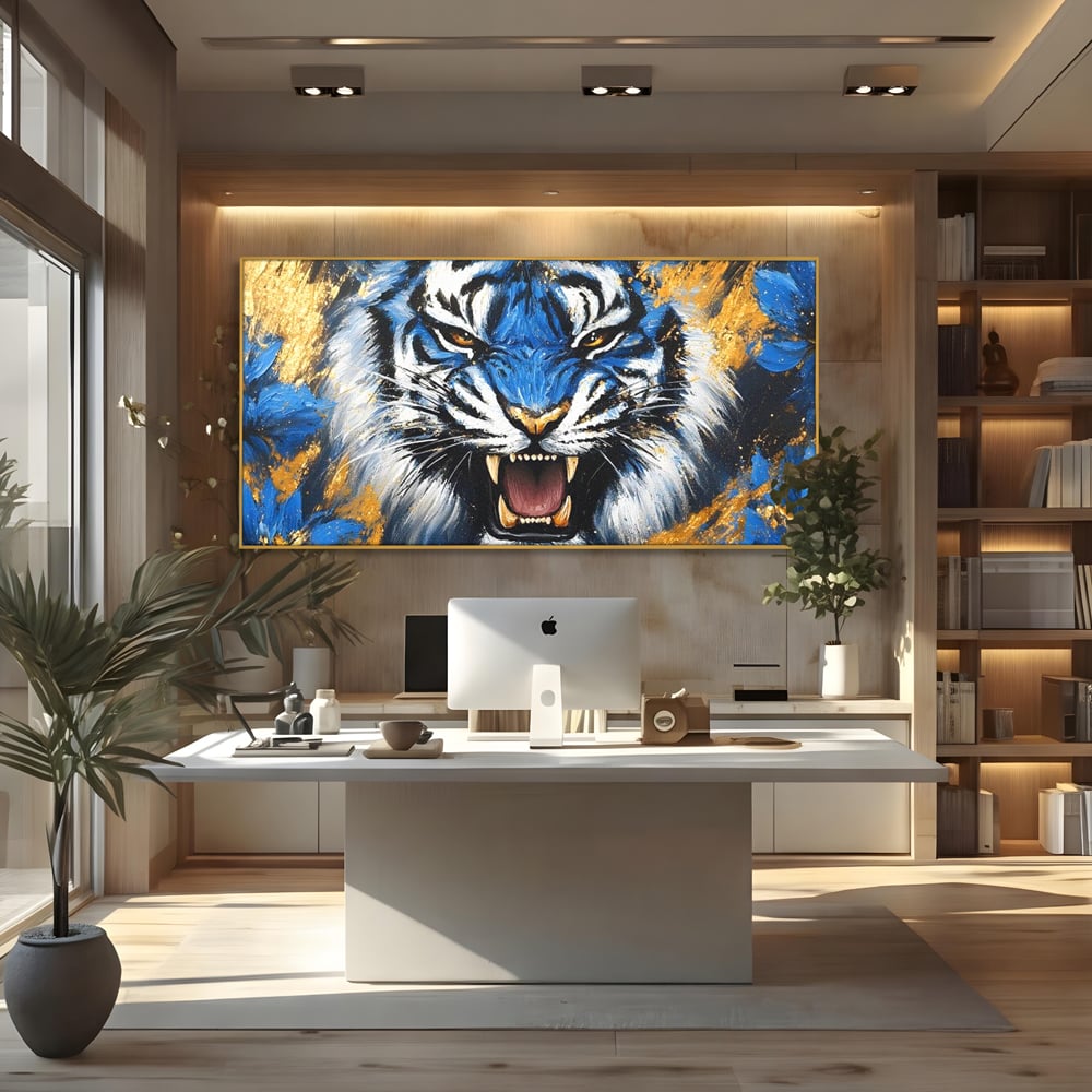 Tablou Canvas Premium, LuxCanva® M1451, Flacara Albastra, Tigru, Felina, Salbaticie, Colti, Dungi, Fioros, Furie, Azur, Auriu, Strigat, Pictura, Abstract, Birou, Living, Camera Copil