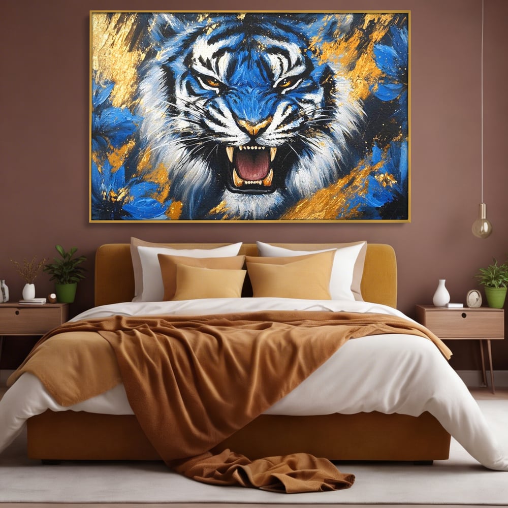 Tablou Canvas Premium, LuxCanva® M1451, Flacara Albastra, Tigru, Felina, Salbaticie, Colti, Dungi, Fioros, Furie, Azur, Auriu, Strigat, Pictura, Abstract, Birou, Living, Camera Copil