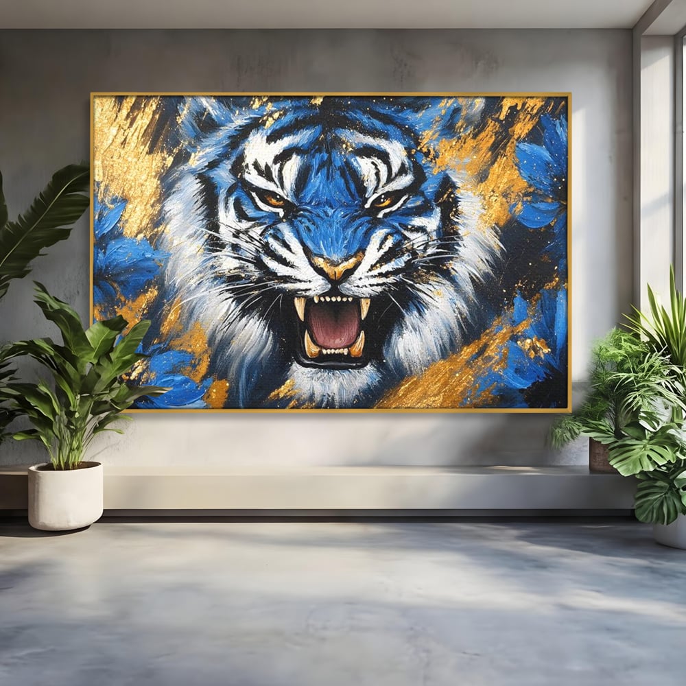 Tablou Canvas Premium, LuxCanva® M1451, Flacara Albastra, Tigru, Felina, Salbaticie, Colti, Dungi, Fioros, Furie, Azur, Auriu, Strigat, Pictura, Abstract, Birou, Living, Camera Copil