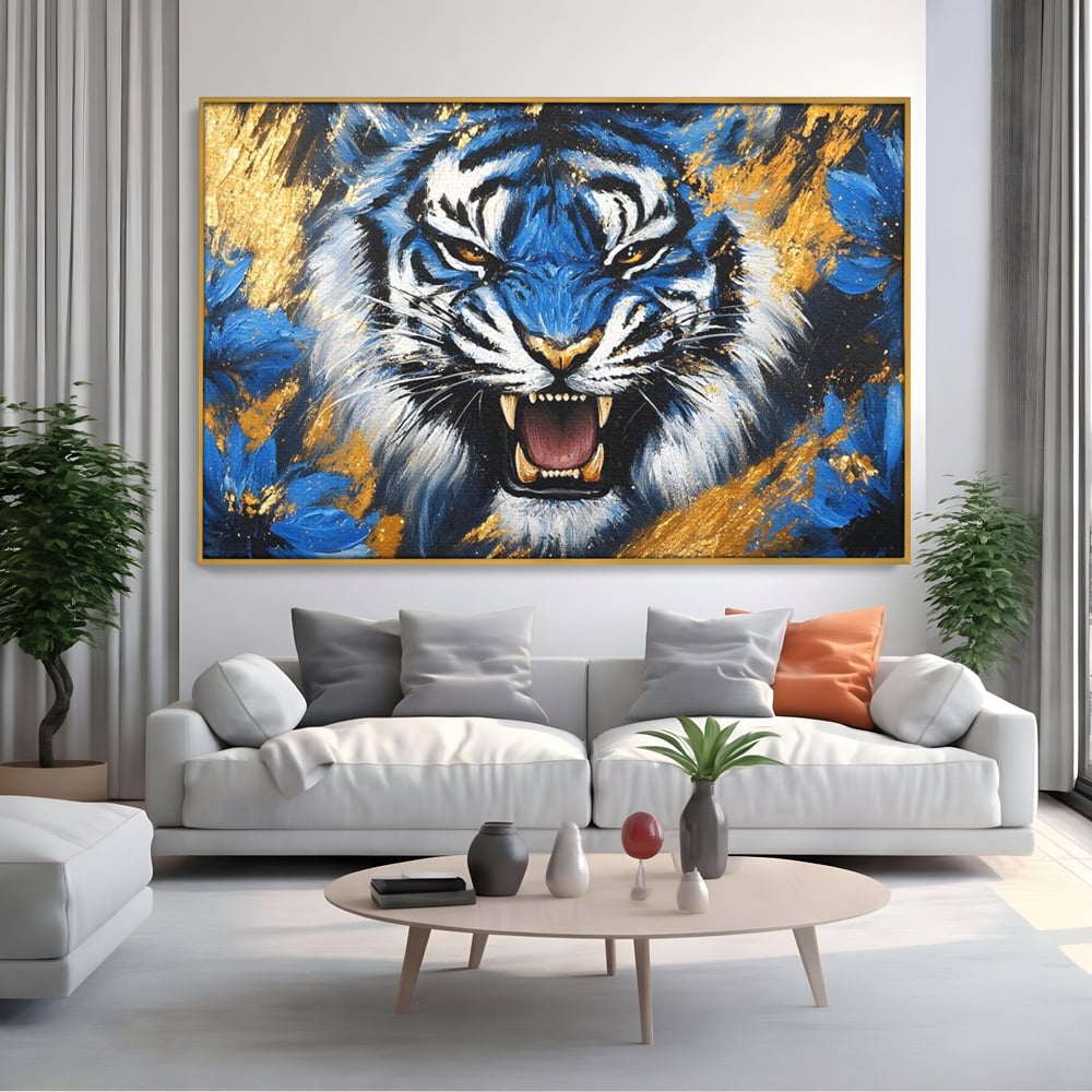 Tablou Canvas Premium, LuxCanva® M1451, Flacara Albastra, Tigru, Felina, Salbaticie, Colti, Dungi, Fioros, Furie, Azur, Auriu, Strigat, Pictura, Abstract, Birou, Living, Camera Copil