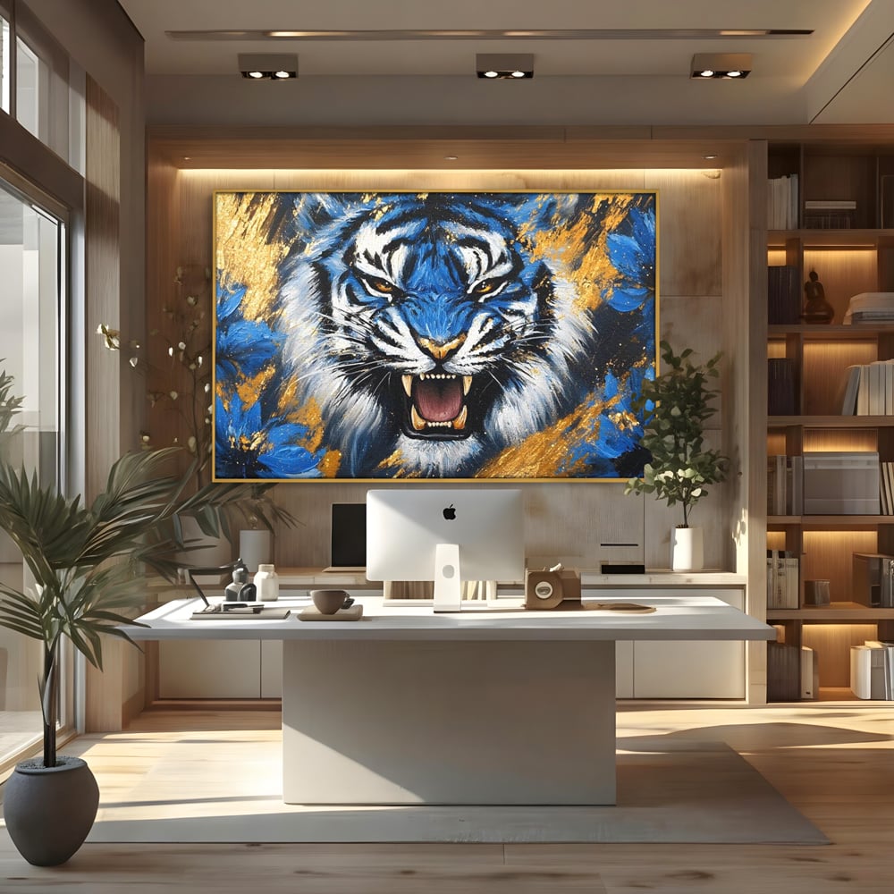 Tablou Canvas Premium, LuxCanva® M1451, Flacara Albastra, Tigru, Felina, Salbaticie, Colti, Dungi, Fioros, Furie, Azur, Auriu, Strigat, Pictura, Abstract, Birou, Living, Camera Copil