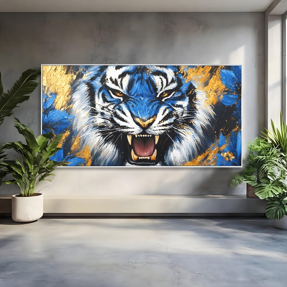 Tablou Canvas Premium, LuxCanva® M1451, Flacara Albastra, Tigru, Felina, Salbaticie, Colti, Dungi, Fioros, Furie, Azur, Auriu, Strigat, Pictura, Abstract, Birou, Living, Camera Copil