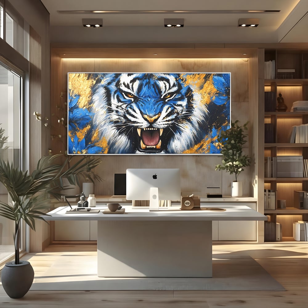 Tablou Canvas Premium, LuxCanva® M1451, Flacara Albastra, Tigru, Felina, Salbaticie, Colti, Dungi, Fioros, Furie, Azur, Auriu, Strigat, Pictura, Abstract, Birou, Living, Camera Copil