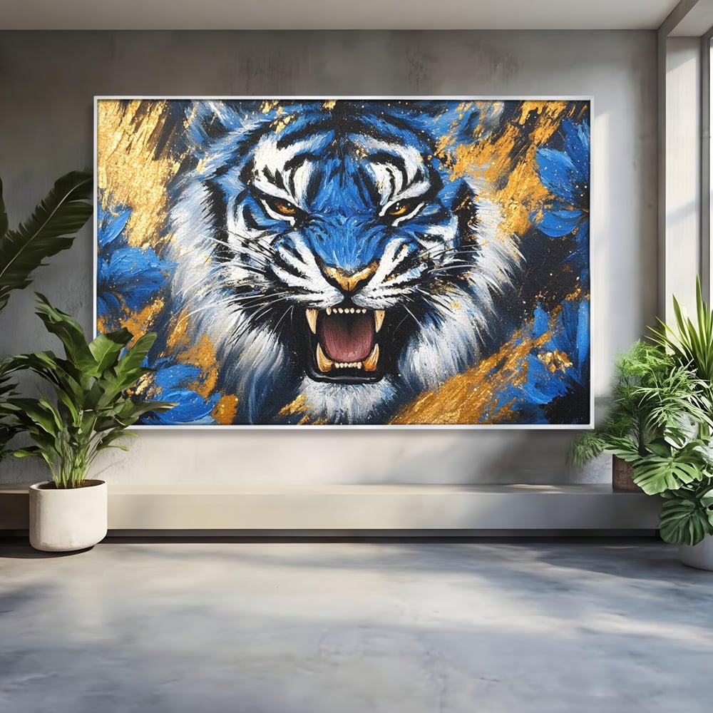 Tablou Canvas Premium, LuxCanva® M1451, Flacara Albastra, Tigru, Felina, Salbaticie, Colti, Dungi, Fioros, Furie, Azur, Auriu, Strigat, Pictura, Abstract, Birou, Living, Camera Copil