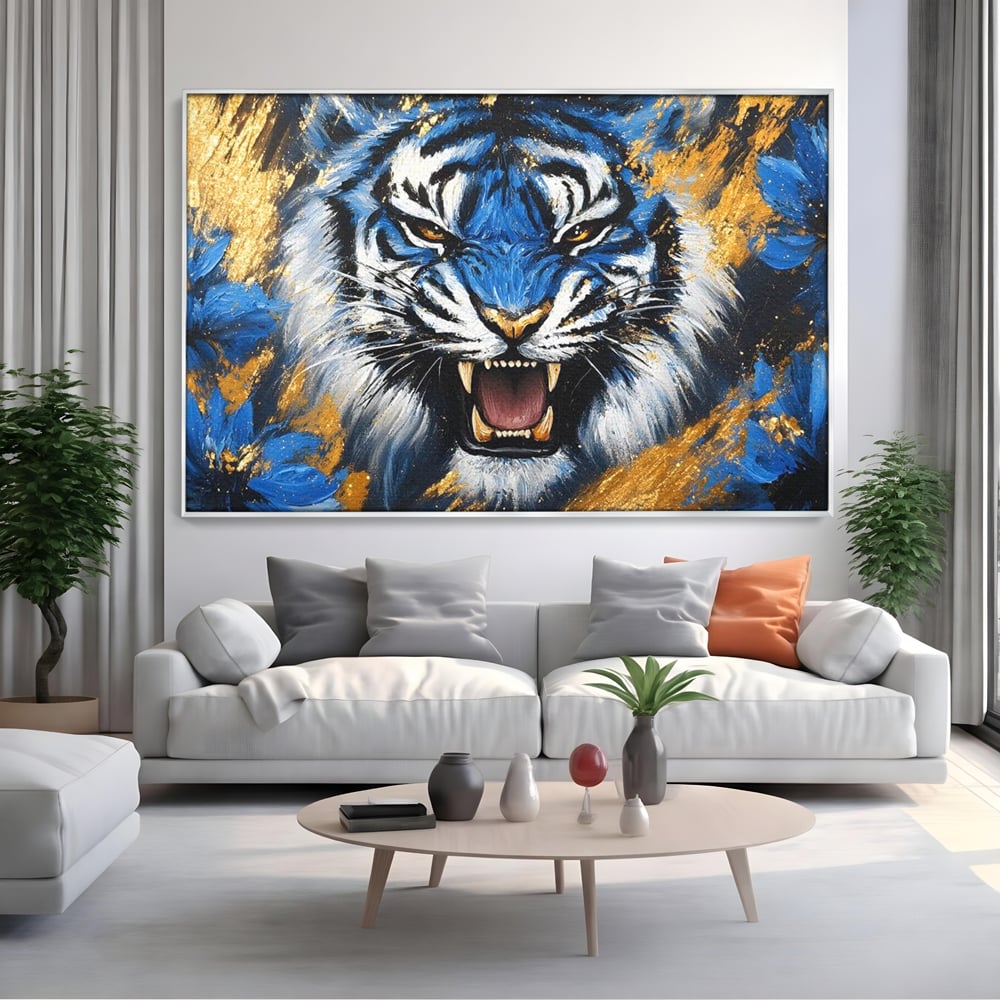 Tablou Canvas Premium, LuxCanva® M1451, Flacara Albastra, Tigru, Felina, Salbaticie, Colti, Dungi, Fioros, Furie, Azur, Auriu, Strigat, Pictura, Abstract, Birou, Living, Camera Copil