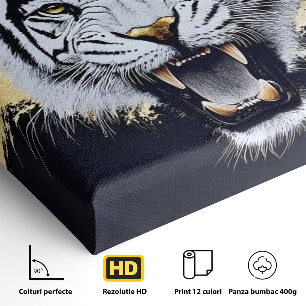 Leinwand Wandkunst Canvas Premium, LuxCanva® M1452, Maske des Geistes Weiß, Golden, Dunkel, Tiger, Wild, Chip, Geheimnis, Macht, Ahnen, Mirage, Wild, Büro, Wohnen, Kinderzimmer