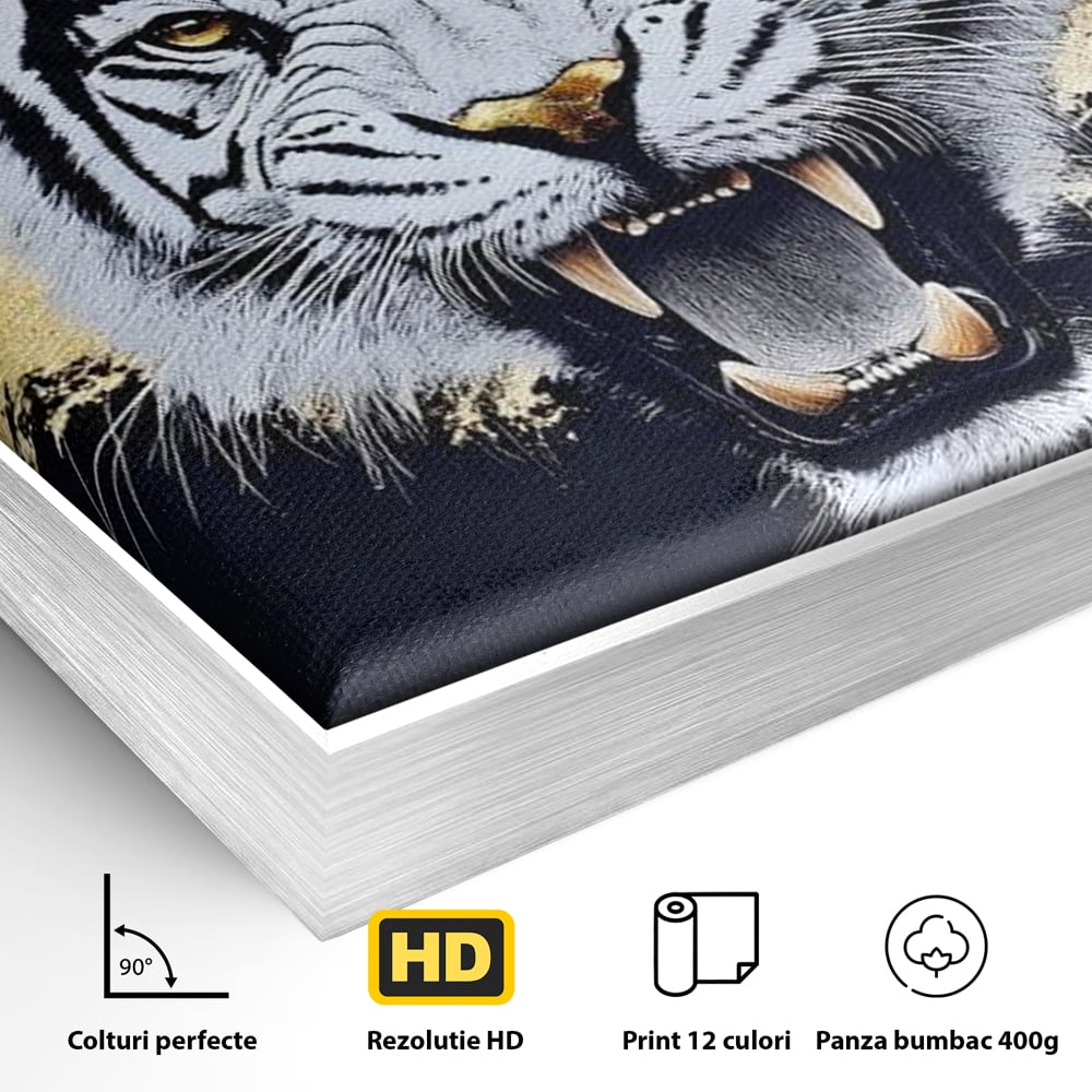 Leinwand Wandkunst Canvas Premium, LuxCanva® M1452, Maske des Geistes Weiß, Golden, Dunkel, Tiger, Wild, Chip, Geheimnis, Macht, Ahnen, Mirage, Wild, Büro, Wohnen, Kinderzimmer