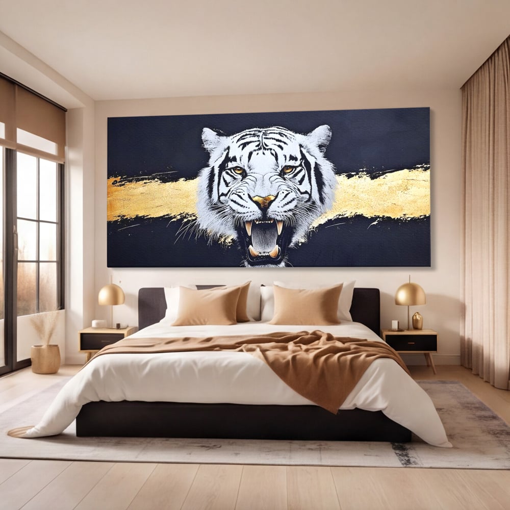 Leinwand Wandkunst Canvas Premium, LuxCanva® M1452, Maske des Geistes Weiß, Golden, Dunkel, Tiger, Wild, Chip, Geheimnis, Macht, Ahnen, Mirage, Wild, Büro, Wohnen, Kinderzimmer