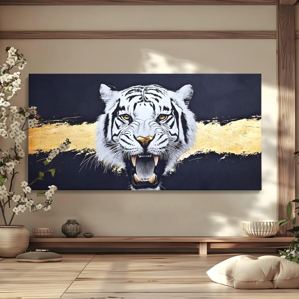 Leinwand Wandkunst Canvas Premium, LuxCanva® M1452, Maske des Geistes Weiß, Golden, Dunkel, Tiger, Wild, Chip, Geheimnis, Macht, Ahnen, Mirage, Wild, Büro, Wohnen, Kinderzimmer