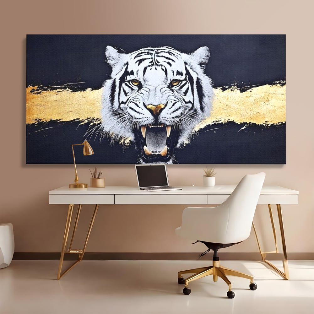 Leinwand Wandkunst Canvas Premium, LuxCanva® M1452, Maske des Geistes Weiß, Golden, Dunkel, Tiger, Wild, Chip, Geheimnis, Macht, Ahnen, Mirage, Wild, Büro, Wohnen, Kinderzimmer