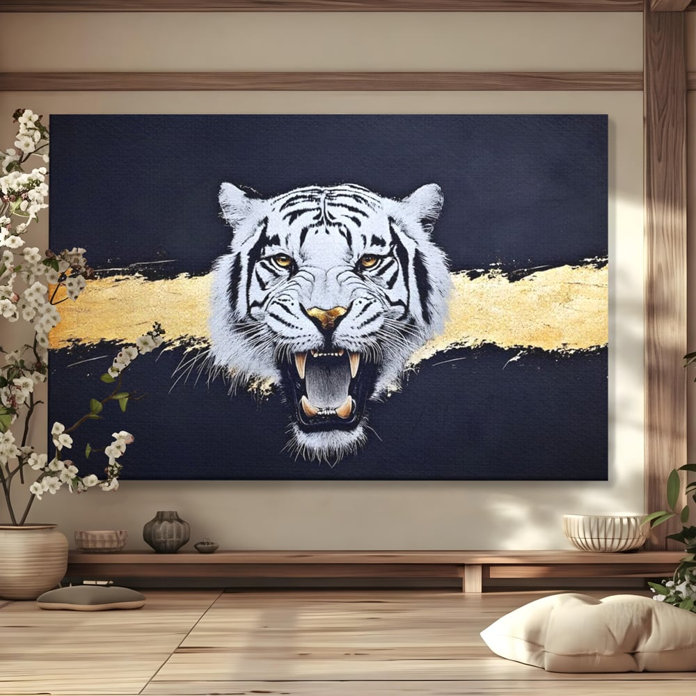 Leinwand Wandkunst Canvas Premium, LuxCanva® M1452, Maske des Geistes Weiß, Golden, Dunkel, Tiger, Wild, Chip, Geheimnis, Macht, Ahnen, Mirage, Wild, Büro, Wohnen, Kinderzimmer
