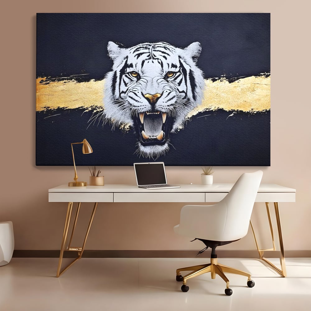 Leinwand Wandkunst Canvas Premium, LuxCanva® M1452, Maske des Geistes Weiß, Golden, Dunkel, Tiger, Wild, Chip, Geheimnis, Macht, Ahnen, Mirage, Wild, Büro, Wohnen, Kinderzimmer