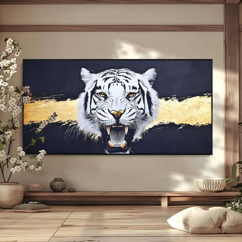 Leinwand Wandkunst Canvas Premium, LuxCanva® M1452, Maske des Geistes Weiß, Golden, Dunkel, Tiger, Wild, Chip, Geheimnis, Macht, Ahnen, Mirage, Wild, Büro, Wohnen, Kinderzimmer