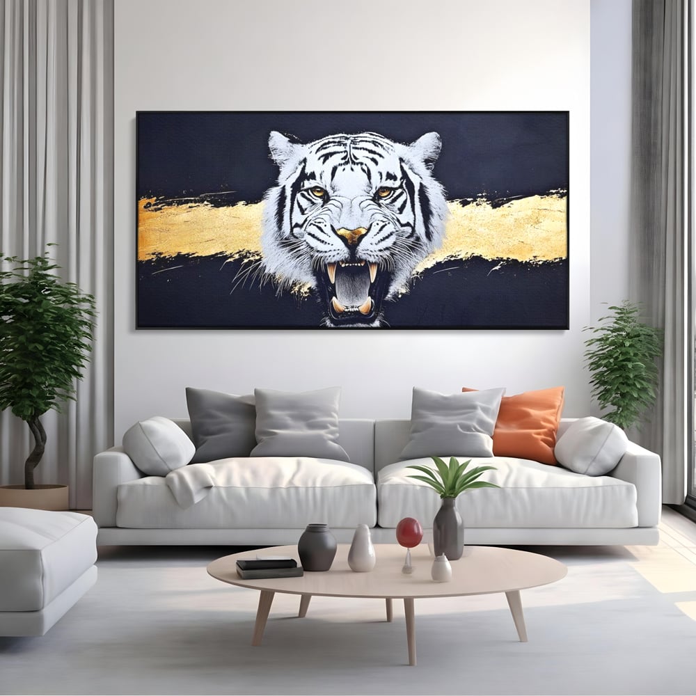 Leinwand Wandkunst Canvas Premium, LuxCanva® M1452, Maske des Geistes Weiß, Golden, Dunkel, Tiger, Wild, Chip, Geheimnis, Macht, Ahnen, Mirage, Wild, Büro, Wohnen, Kinderzimmer