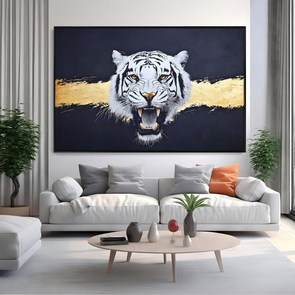 Leinwand Wandkunst Canvas Premium, LuxCanva® M1452, Maske des Geistes Weiß, Golden, Dunkel, Tiger, Wild, Chip, Geheimnis, Macht, Ahnen, Mirage, Wild, Büro, Wohnen, Kinderzimmer
