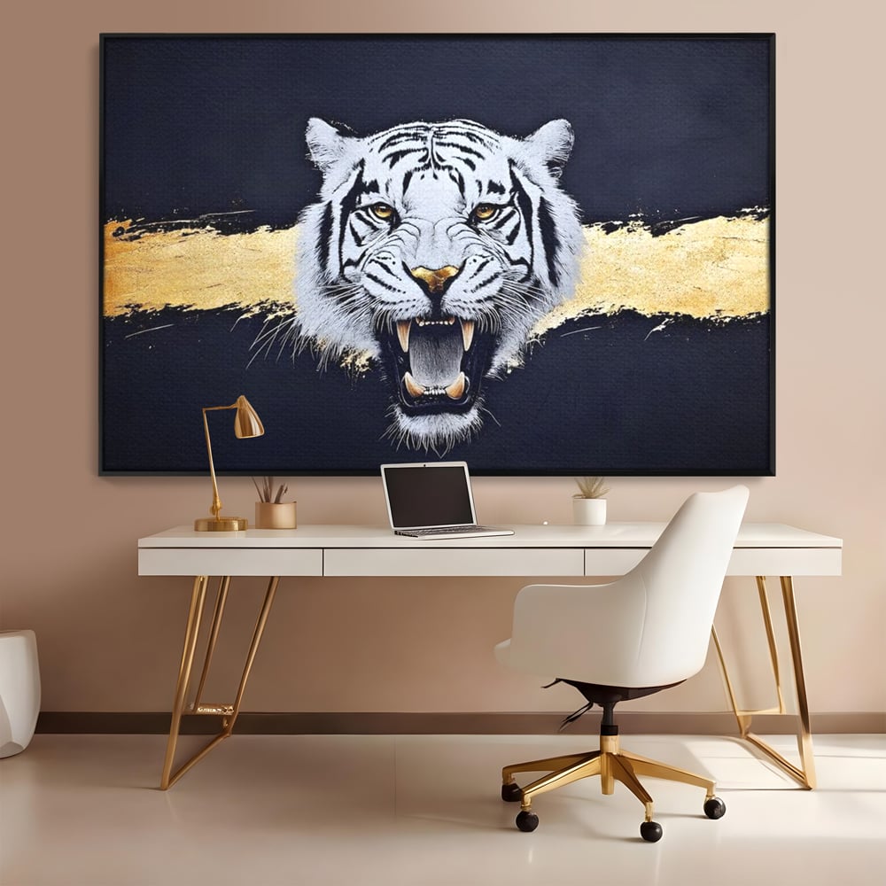 Leinwand Wandkunst Canvas Premium, LuxCanva® M1452, Maske des Geistes Weiß, Golden, Dunkel, Tiger, Wild, Chip, Geheimnis, Macht, Ahnen, Mirage, Wild, Büro, Wohnen, Kinderzimmer