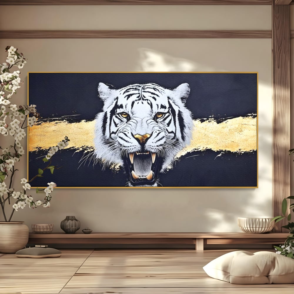 Leinwand Wandkunst Canvas Premium, LuxCanva® M1452, Maske des Geistes Weiß, Golden, Dunkel, Tiger, Wild, Chip, Geheimnis, Macht, Ahnen, Mirage, Wild, Büro, Wohnen, Kinderzimmer