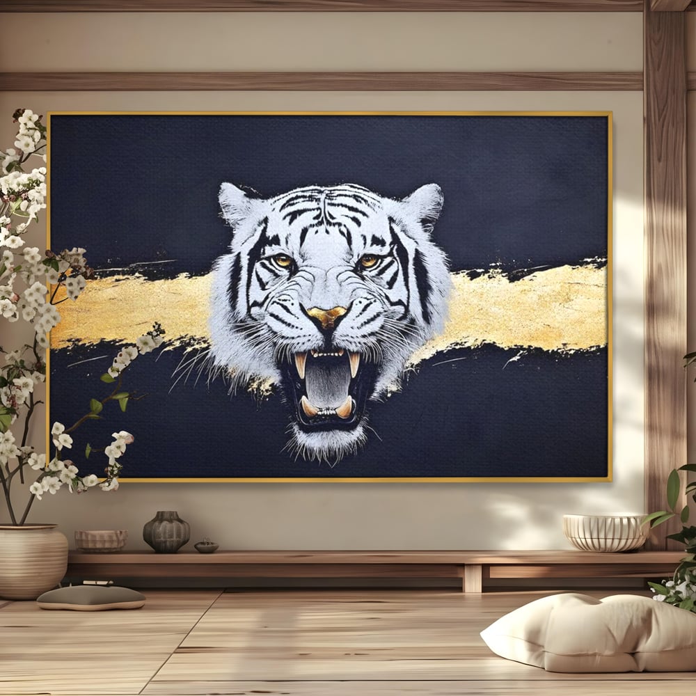 Leinwand Wandkunst Canvas Premium, LuxCanva® M1452, Maske des Geistes Weiß, Golden, Dunkel, Tiger, Wild, Chip, Geheimnis, Macht, Ahnen, Mirage, Wild, Büro, Wohnen, Kinderzimmer