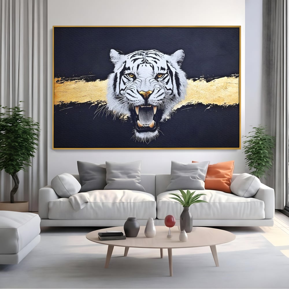 Leinwand Wandkunst Canvas Premium, LuxCanva® M1452, Maske des Geistes Weiß, Golden, Dunkel, Tiger, Wild, Chip, Geheimnis, Macht, Ahnen, Mirage, Wild, Büro, Wohnen, Kinderzimmer