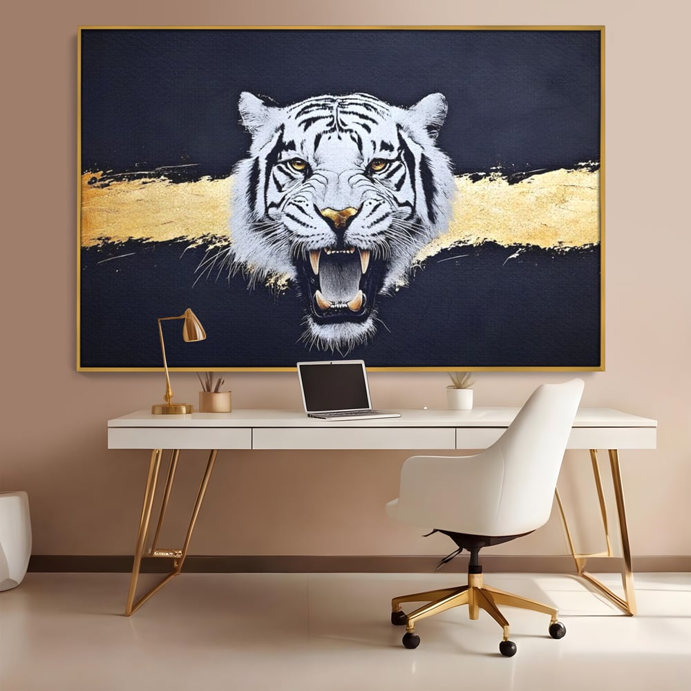 Leinwand Wandkunst Canvas Premium, LuxCanva® M1452, Maske des Geistes Weiß, Golden, Dunkel, Tiger, Wild, Chip, Geheimnis, Macht, Ahnen, Mirage, Wild, Büro, Wohnen, Kinderzimmer