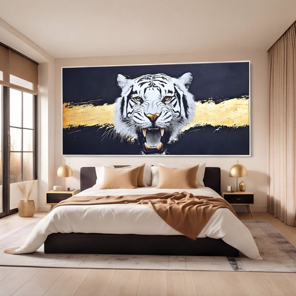Leinwand Wandkunst Canvas Premium, LuxCanva® M1452, Maske des Geistes Weiß, Golden, Dunkel, Tiger, Wild, Chip, Geheimnis, Macht, Ahnen, Mirage, Wild, Büro, Wohnen, Kinderzimmer