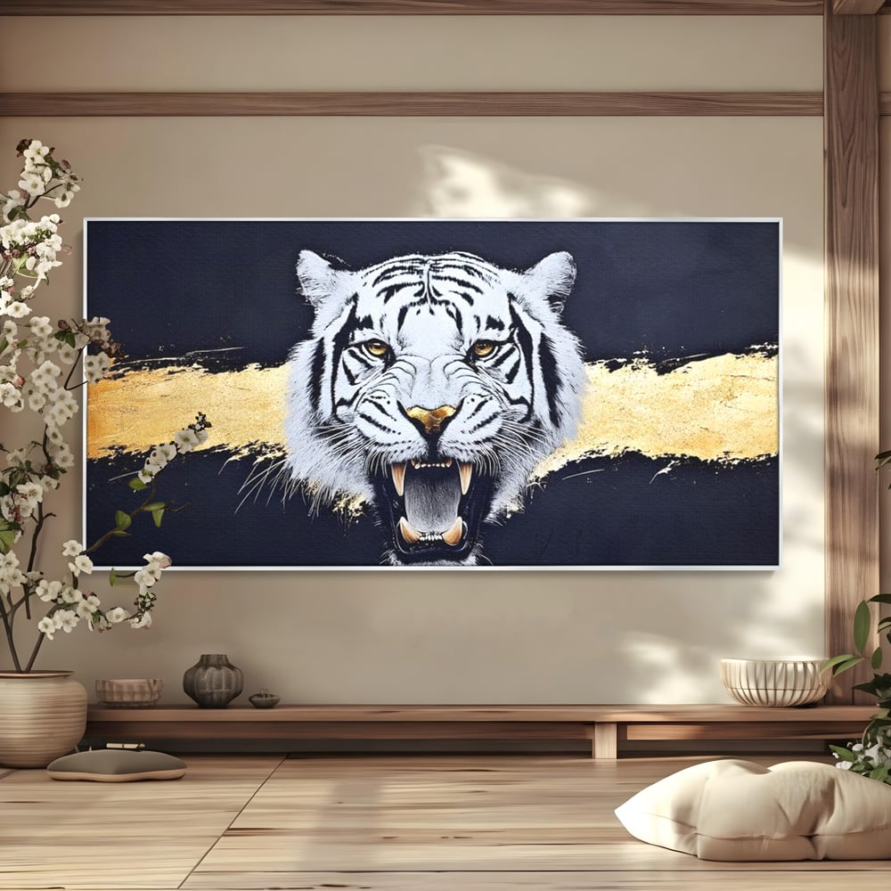 Leinwand Wandkunst Canvas Premium, LuxCanva® M1452, Maske des Geistes Weiß, Golden, Dunkel, Tiger, Wild, Chip, Geheimnis, Macht, Ahnen, Mirage, Wild, Büro, Wohnen, Kinderzimmer